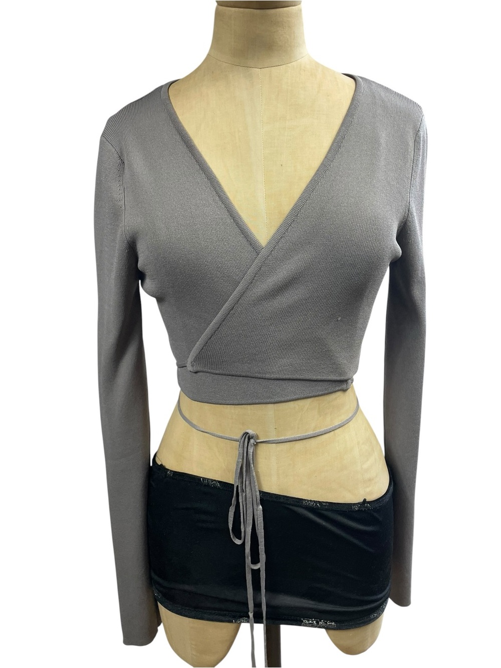 Zara Ribbed Knit Wrap Crop Top with Waist Tie Dark Gray Size L NWT